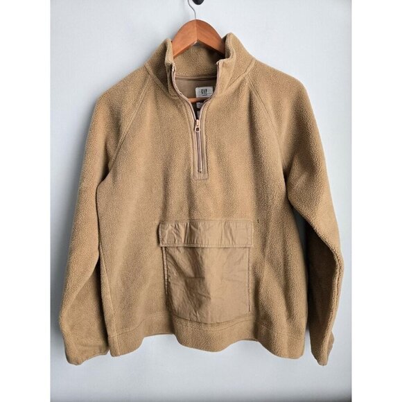 GAP Tops - Gap Teen Hooded Sherpa Jacket 16-18 Tan Pocket Pullover Quarter Zip
